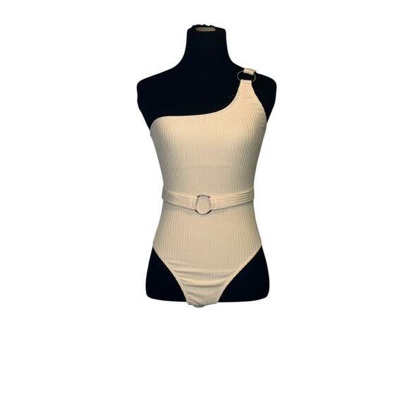 Beige ribbed one shoulder front belted one piece swimsuit size Small - Picture 14 of 14